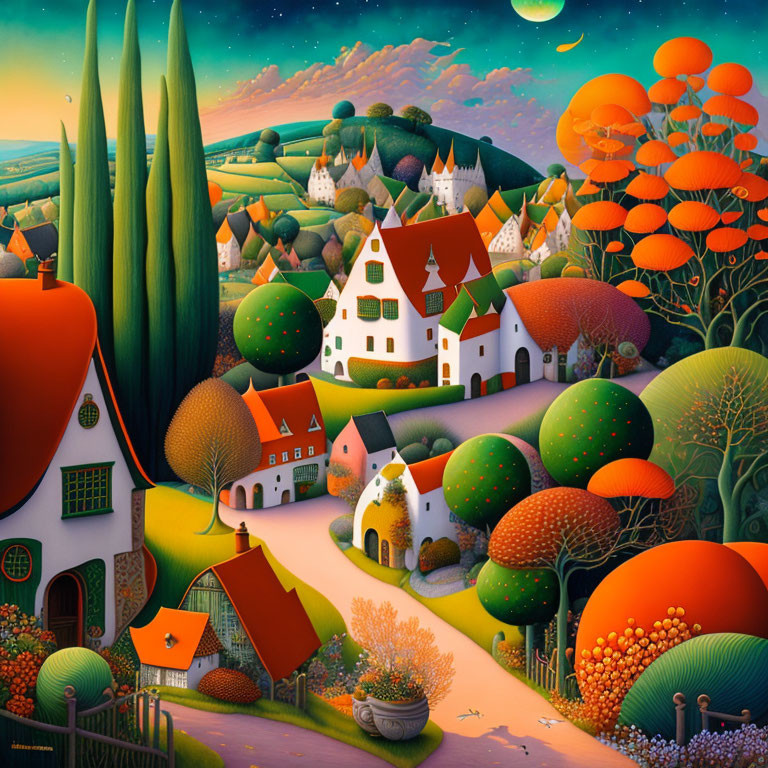 Whimsical landscape with colorful houses, oversized mushrooms, and rolling hills