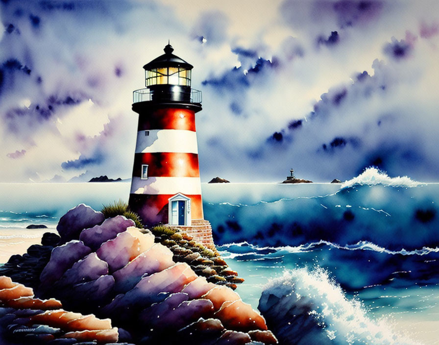 Colorful painting of red and white striped lighthouse by rocky shore.