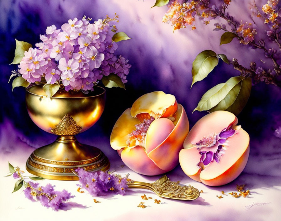 Golden bowl with purple flowers, peaches, and spoon on purple background