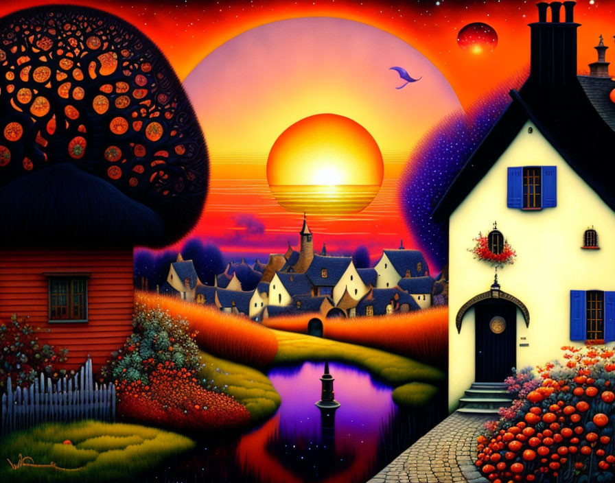 Colorful sunset village painting with stylized houses and festive wreath