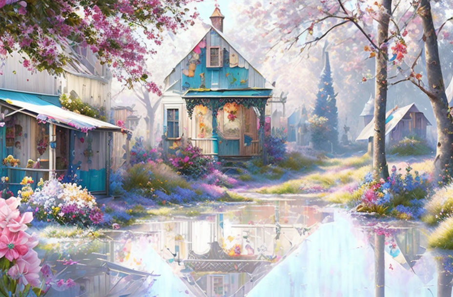 Vibrant flowers, quaint houses, and a reflective river in a charming village scene