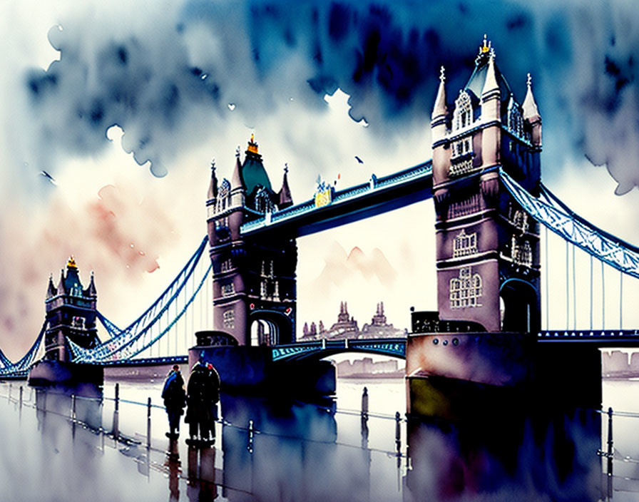 London's Tower Bridge Watercolor Illustration with Reflections and Silhouettes