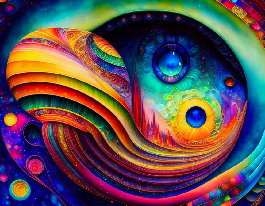 Colorful Psychedelic Art with Swirling Patterns and Stylized Eyes