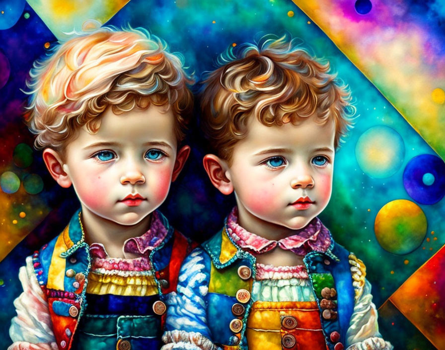 Vibrant portrait of young children with curly hair and cosmic background