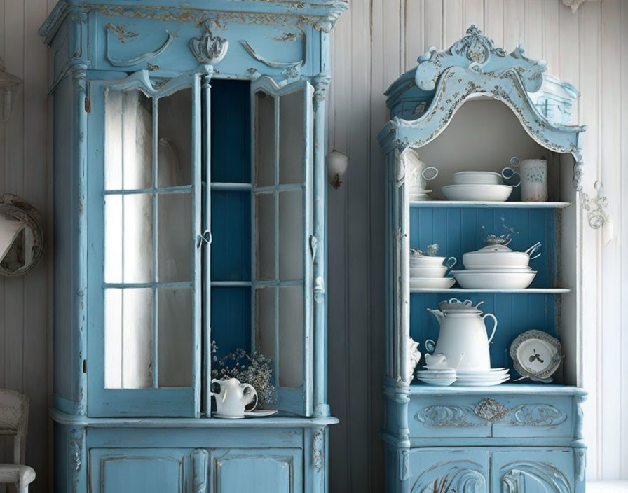 Vintage Blue Cabinet with Glass Doors Displaying White Porcelain Dishes