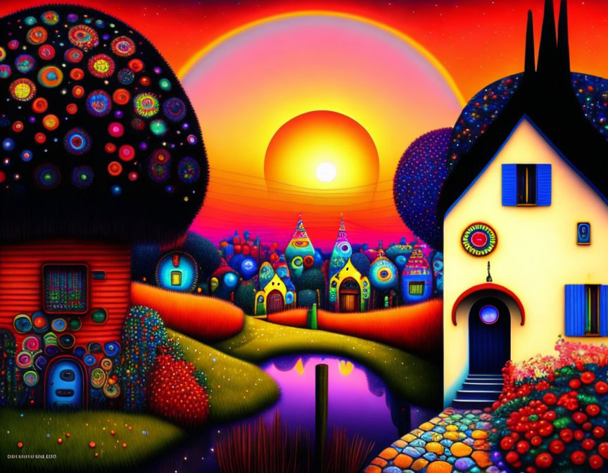 Colorful whimsical landscape with stylized houses and sunset sky