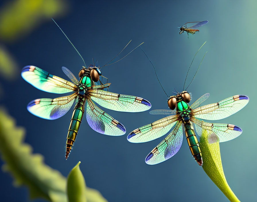 Metallic dragonflies with iridescent wings in blue sky scene.