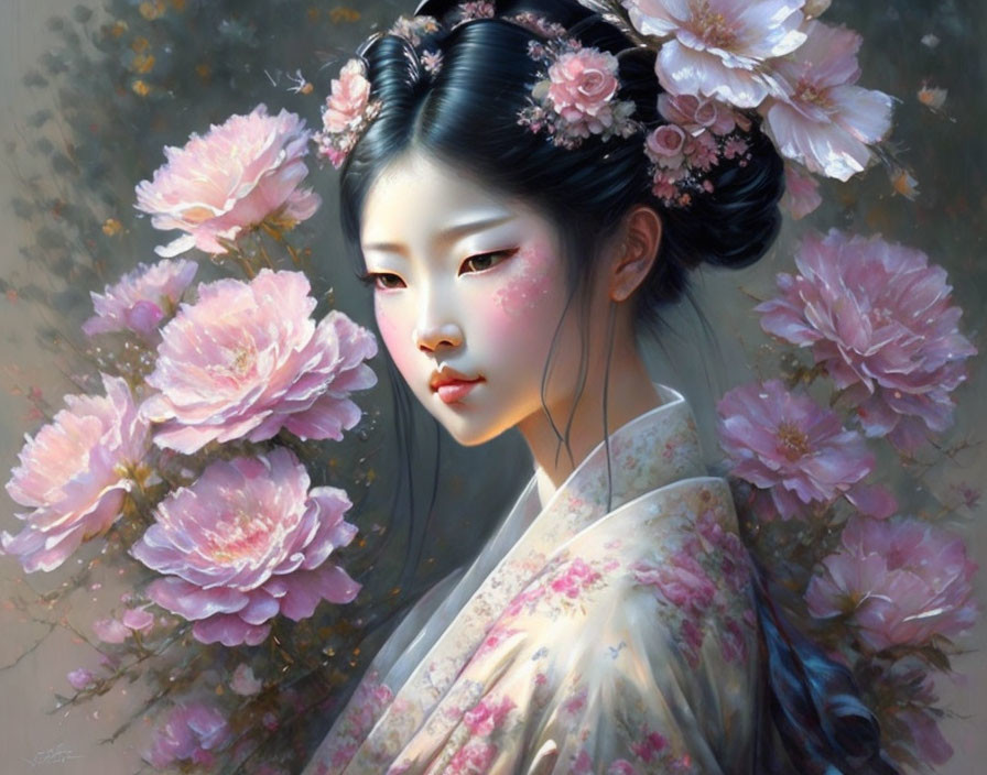 Asian woman with pink blossoms in hair and delicate facial features in serene portrait