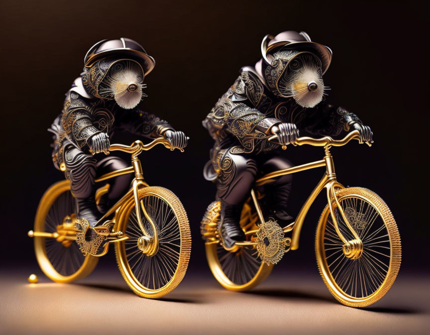 Ornate anthropomorphic mouse figures on golden bicycles