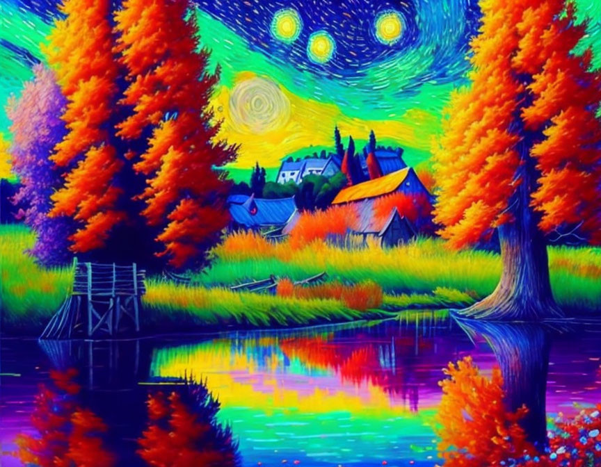 Colorful autumn landscape with starry night sky and village by a lake