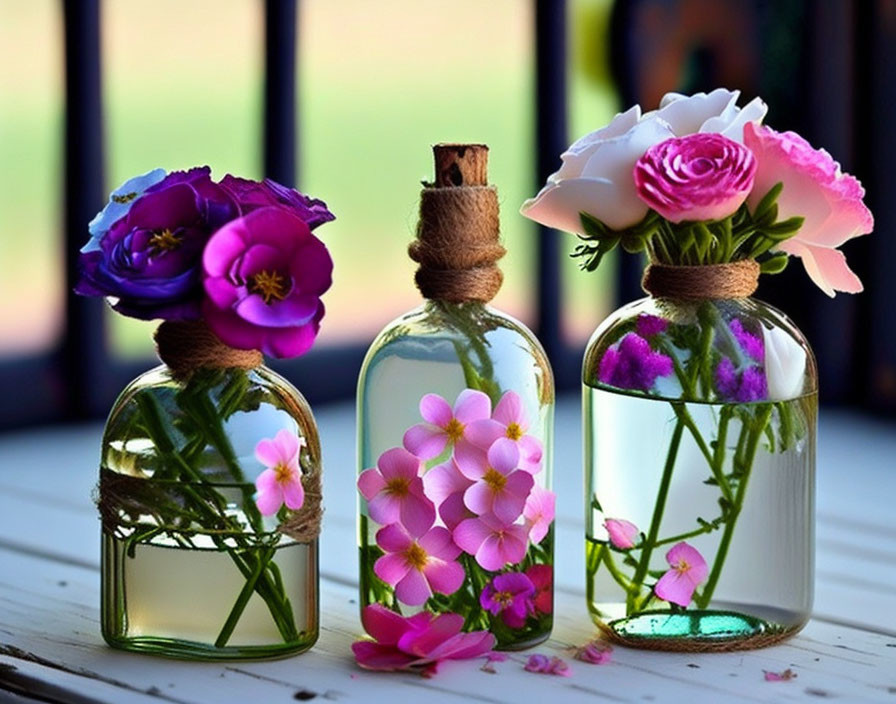 Glass Bottles with Pink and Purple Flowers on Wooden Surface