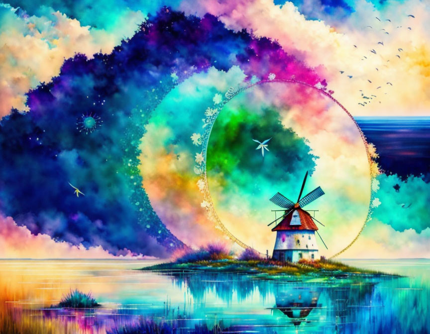 Colorful digital artwork: Windmill on island in surreal landscape