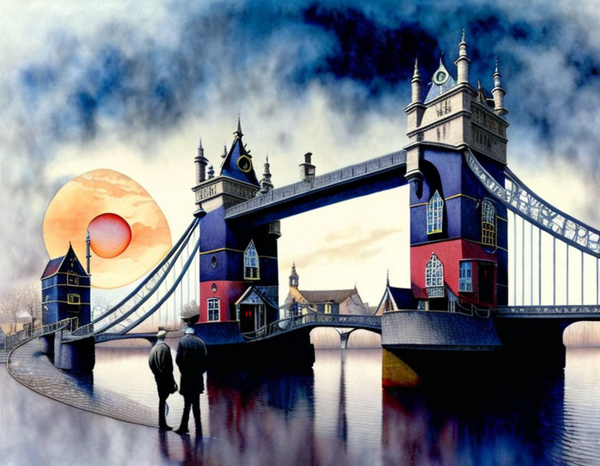 Surreal artwork: Ornate bridge with castle towers under setting sun