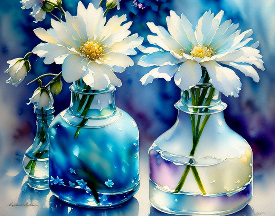 Transparent blue vases with white flowers in water, against blue and purple backdrop