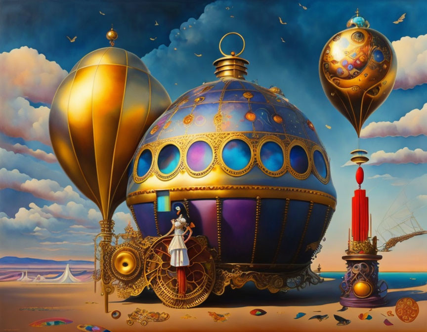 Steampunk airship with balloons and surreal landscape.