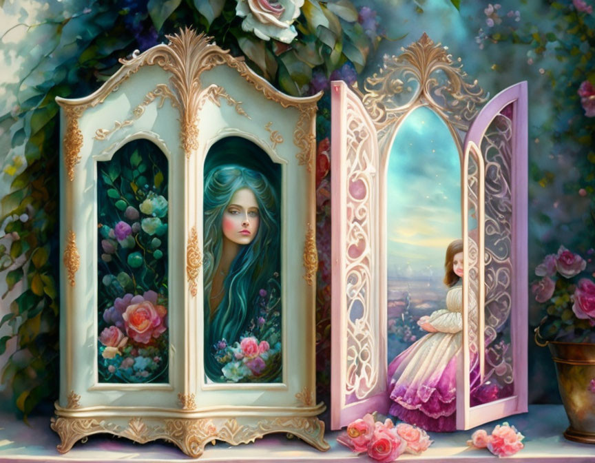 Vibrant paintings of woman with teal hair and girl in pastel dress in ornate tripty