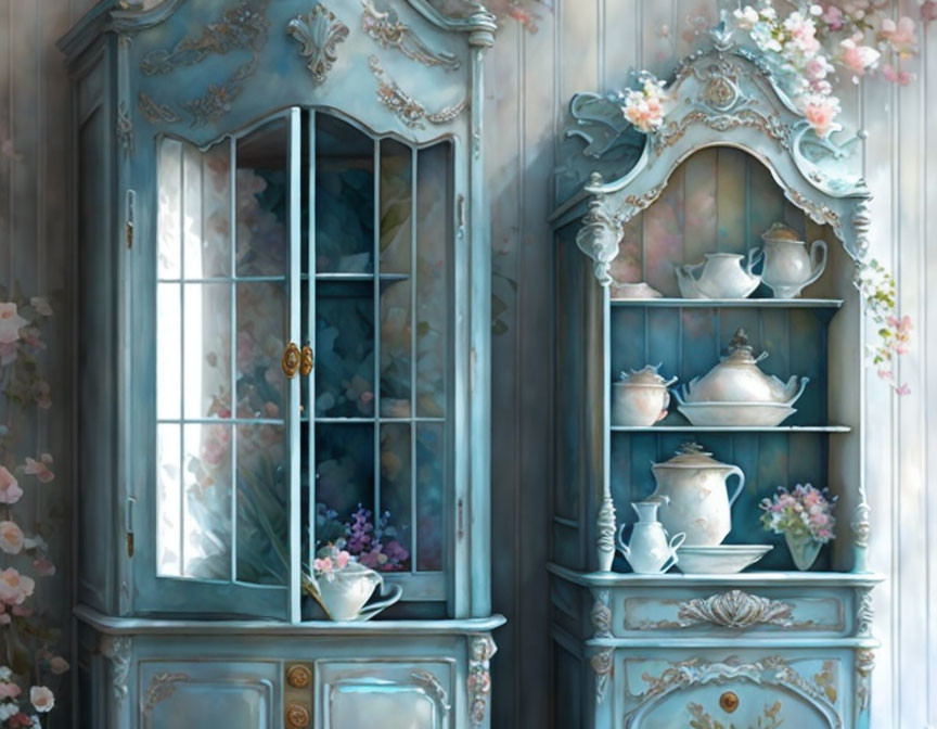 Blue Vintage Cabinet with Glass Doors and Porcelain Tea Set