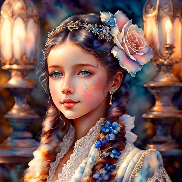 Young girl with braided hair and floral adornments in digital art.