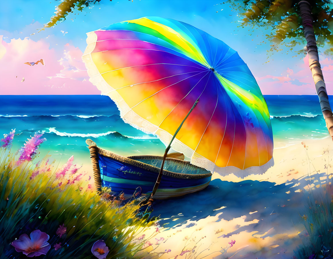 Vibrant beach umbrella shades blue boat on sandy shore with lush greenery, pink flowers, serene