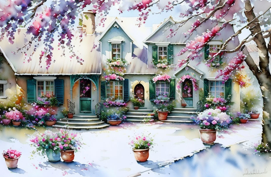 Snow-covered cottage with blooming flowers under pink petal sky