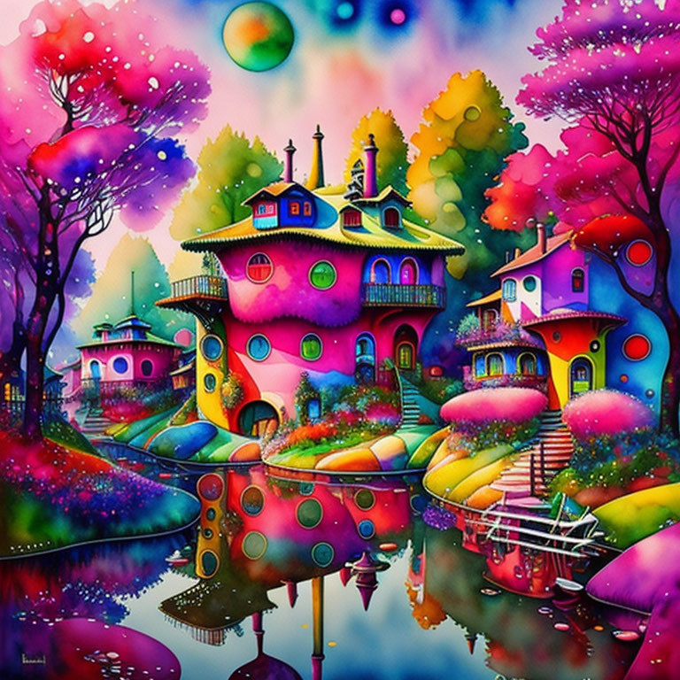 Colorful Whimsical Painting of Fantastical Houses and Trees Reflecting in Water