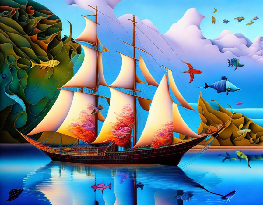 Colorful artwork: stylized ship with ornate sails, fish, and underwater flora