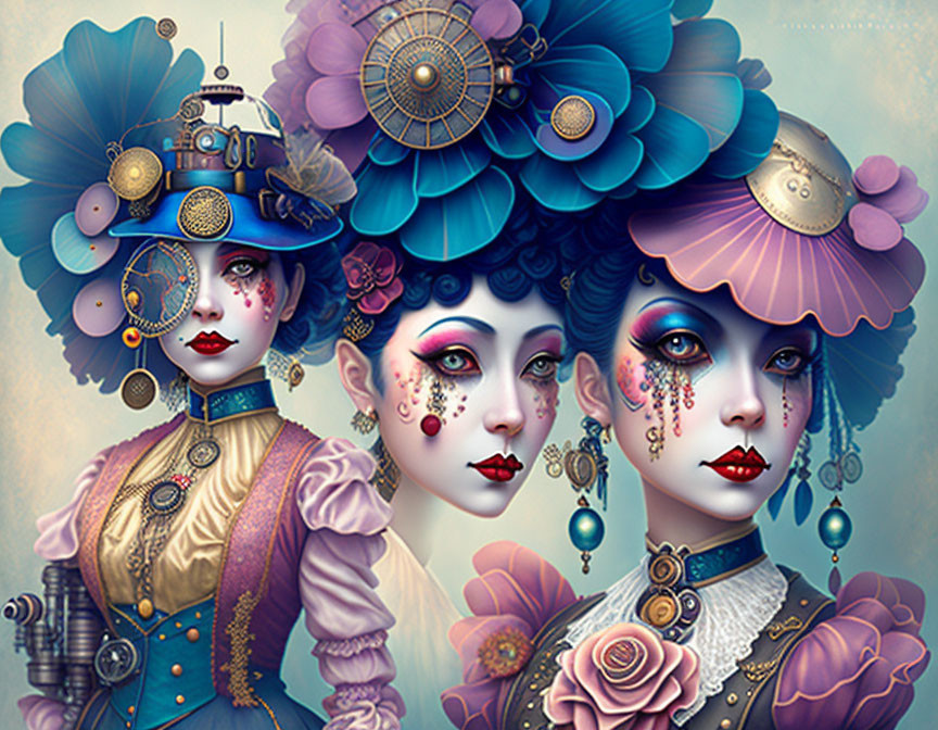 Stylized female figures with steampunk headgear and blue hair on muted backdrop