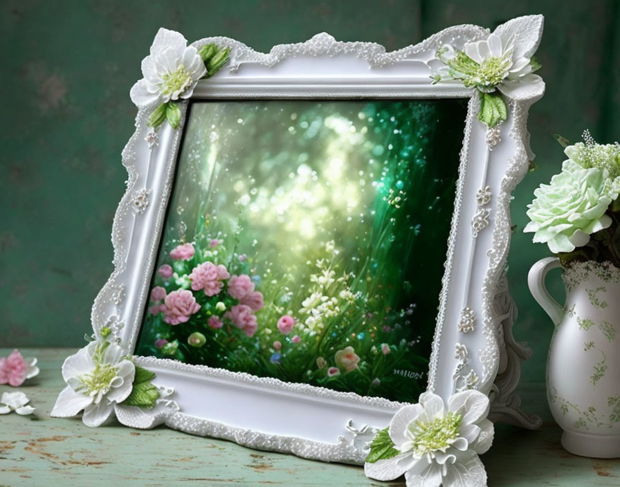 White Floral Ornate Photo Frame with Lush Garden Scene and Pitcher Vase Display