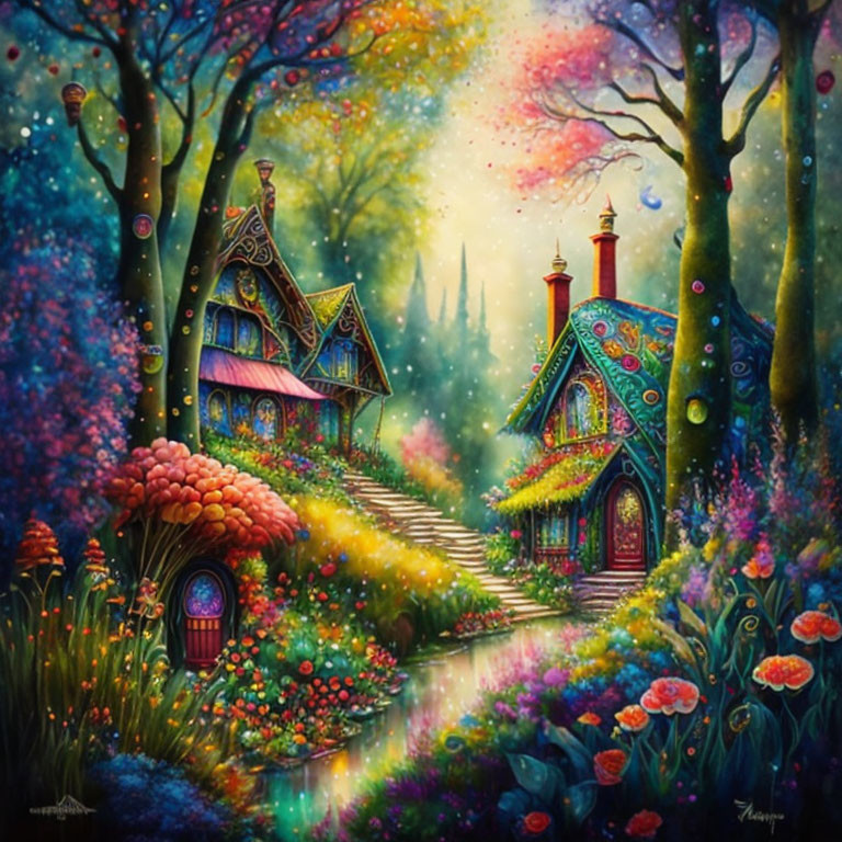 Colorful Painting: Whimsical Houses in Enchanted Forest