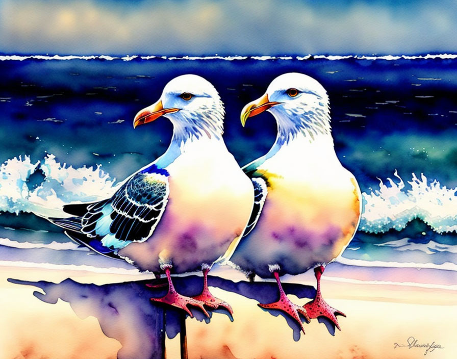 Stylized seagulls on post with vibrant ocean waves in watercolor.