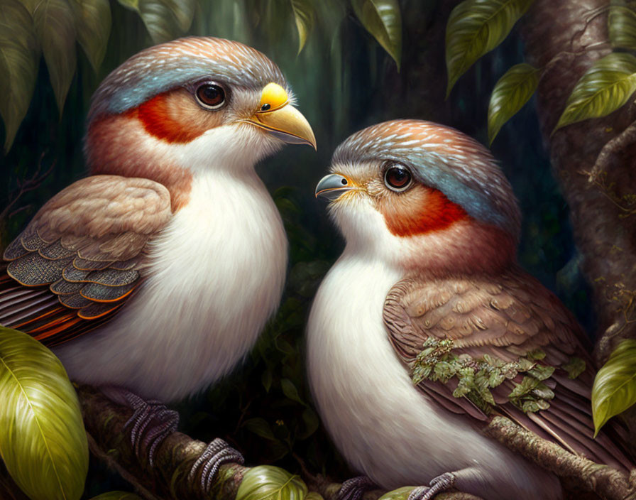 Illustrated birds with human-like faces on branch in lush jungle.