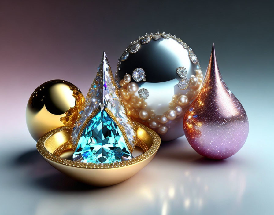 Assortment of glossy, ornate objects with jewel, pearls, and spheres on reflective background