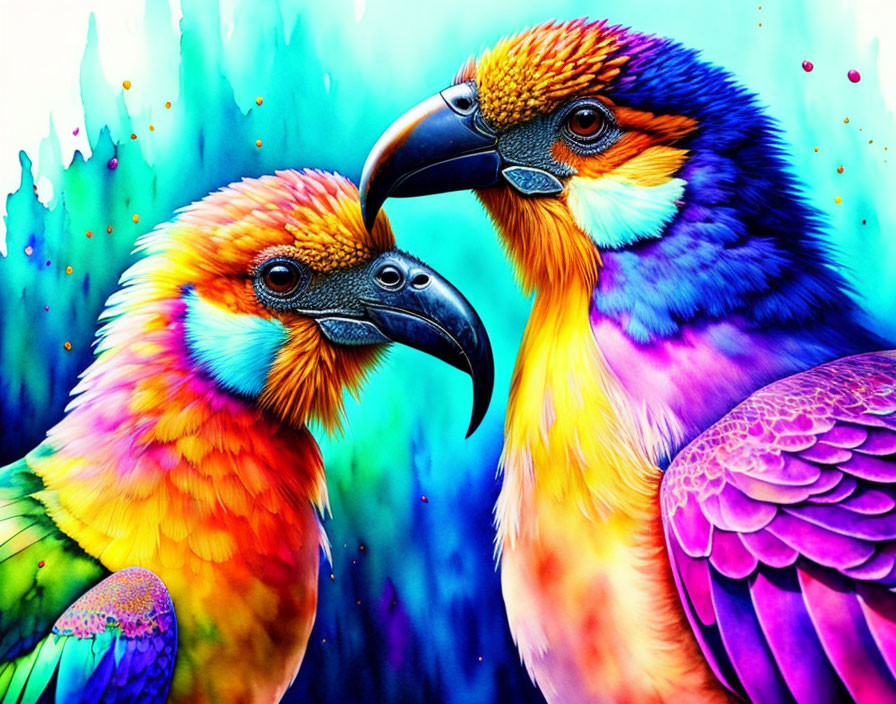 Colorful Parrots Close Up Against Vibrant Paint Splashes