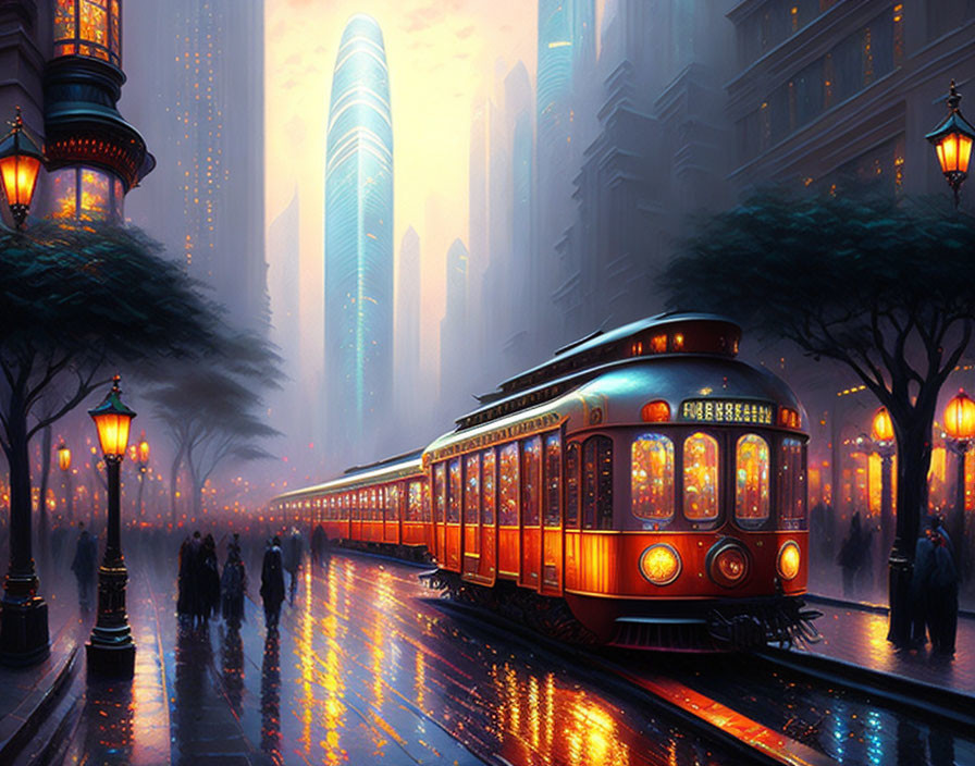 Vintage red tram on wet street among glowing lamps and skyscrapers