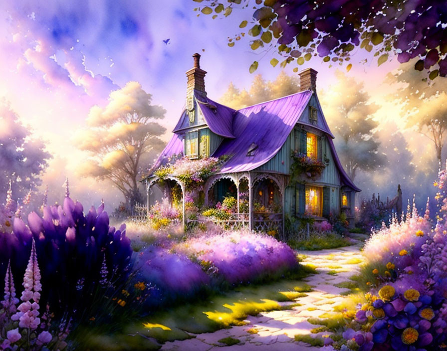 Enchanting Cottage with Violet Roof in Colorful Garden