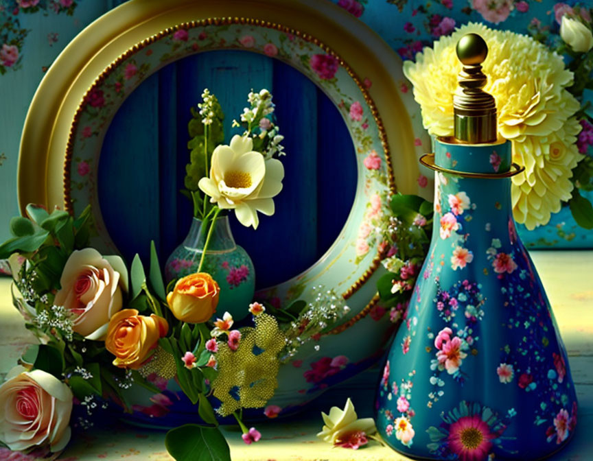 Blue Floral Vase with Mirror and Flowers on Turquoise Background