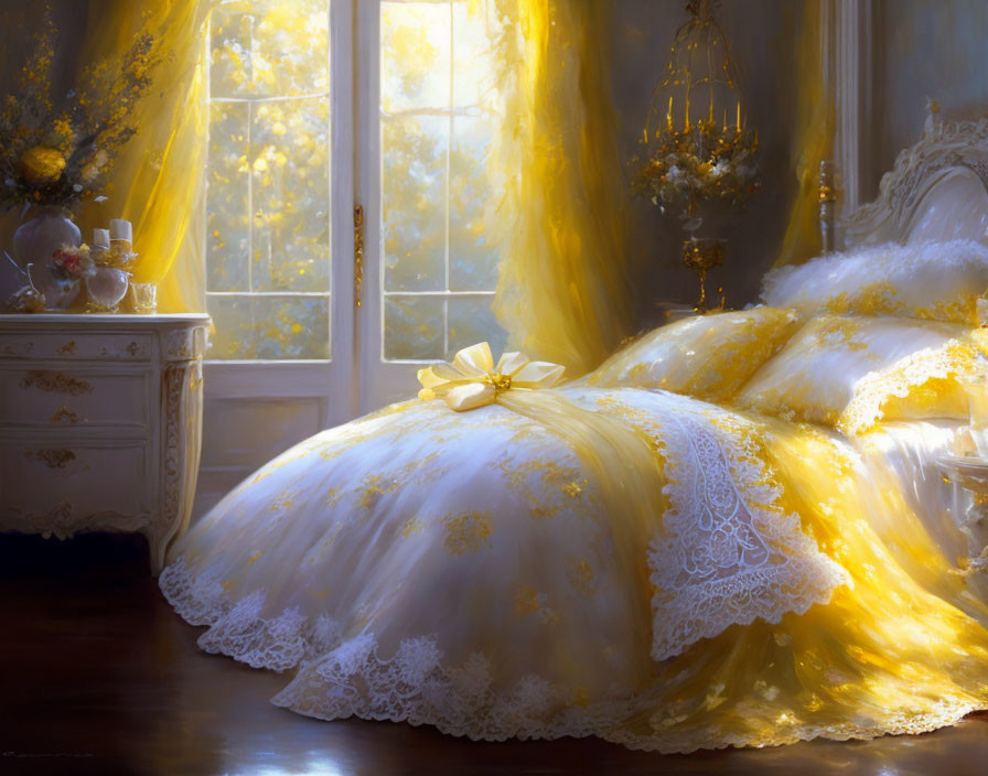 Luxurious bedroom with yellow-gold bedspread and lace ribbon under sunlight