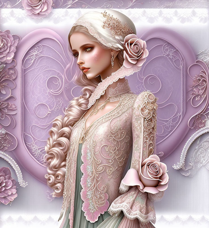 Blonde woman with braided hair in lace outfit on pastel background