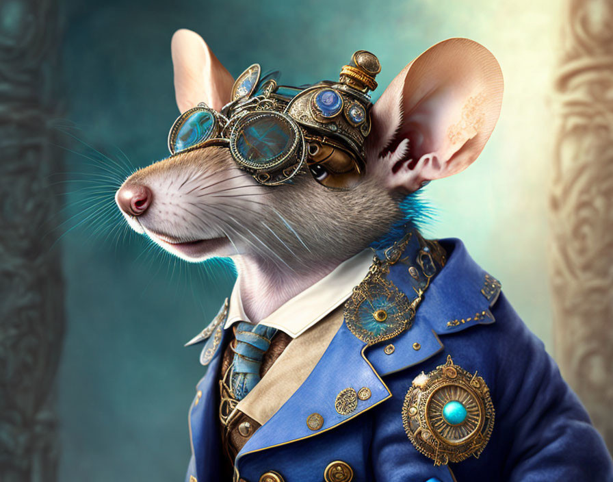 Steampunk style anthropomorphic mouse in blue ornate jacket and goggles