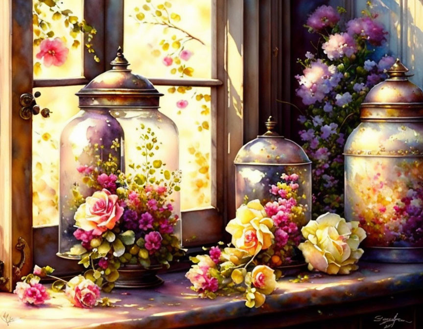 Tranquil painting of lanterns and flowers on a sunny windowsill