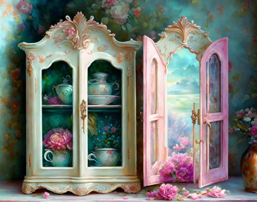 Vintage ornate cabinet with open doors displaying teacups and saucers against floral backdrop