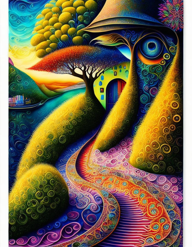 Colorful psychedelic artwork: whimsical landscape, swirling patterns, colorful tree, eye house, winding path