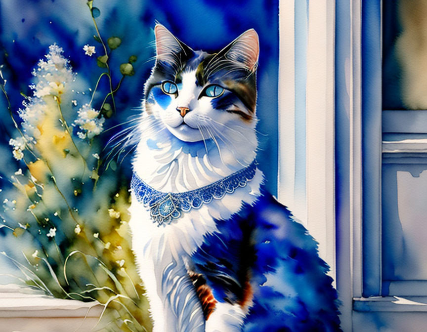 Vivid blue-eyed cat with white fur and blue lace collar by window