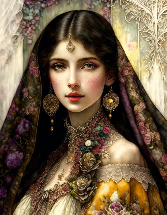 Detailed Illustration: Woman with Large Earrings, Headpiece, Flowers, and Lace