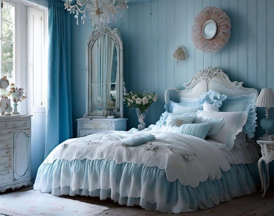 Vintage-Style Bedroom with Pastel Blue Walls and Elegant Decor