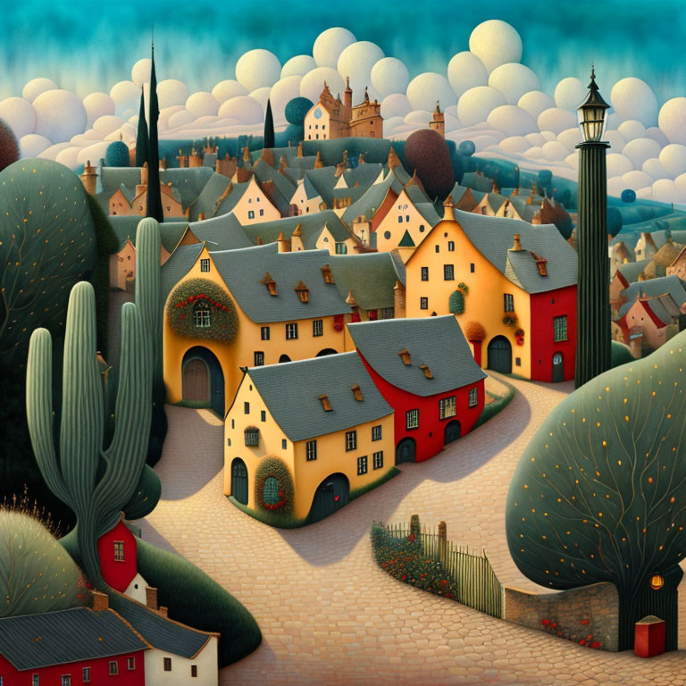 Whimsical village painting with round houses and cacti