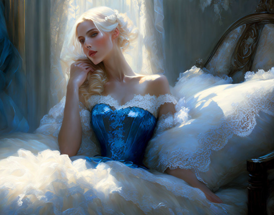 Woman in Blue Corset and White Gown Sitting on Bed in Soft Natural Light