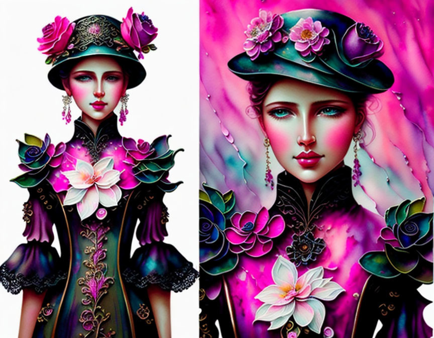 Colorful woman illustration with floral elements and ethereal glow