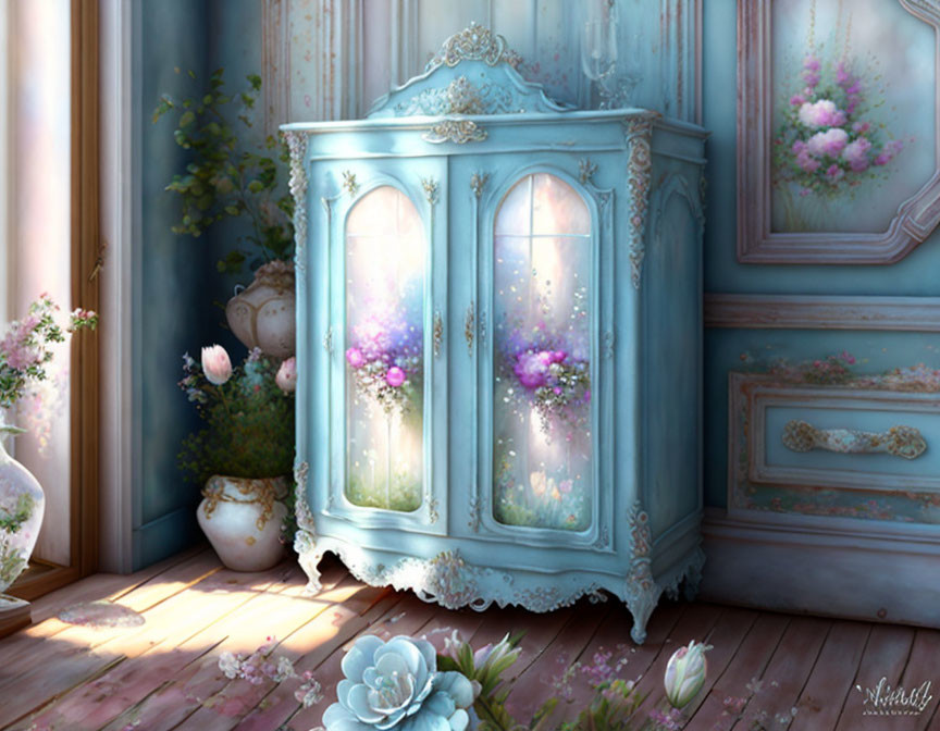 Vintage Blue Cabinet with Pink and Purple Flowers in Elegant Room