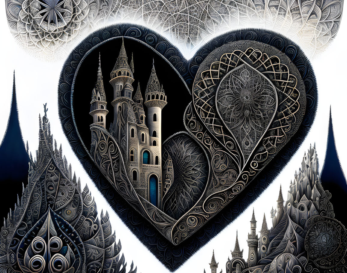 Monochrome artwork: Ornate castle in heart shape with intricate patterns